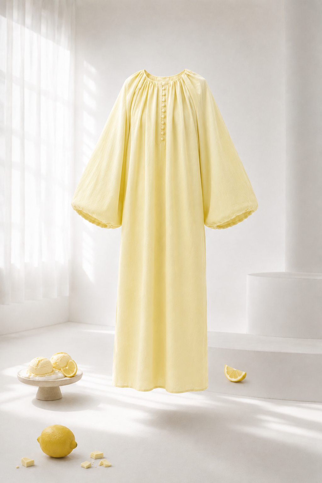 Robe Longue au Manches Bouffantes -  Lemon Sorbet - 100% coton